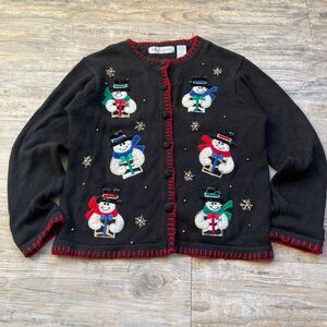 Ugly Christmas Sweater Holiday Snowman Medium Black Red White Vintage 90s